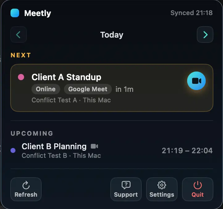 Meetly in the macOS menu bar