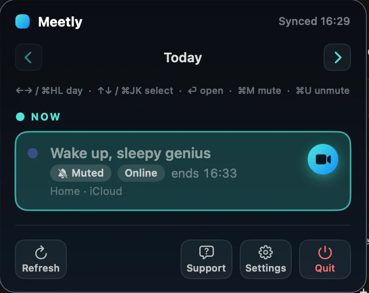 Muted meeting with Mute tag in the Meetly panel