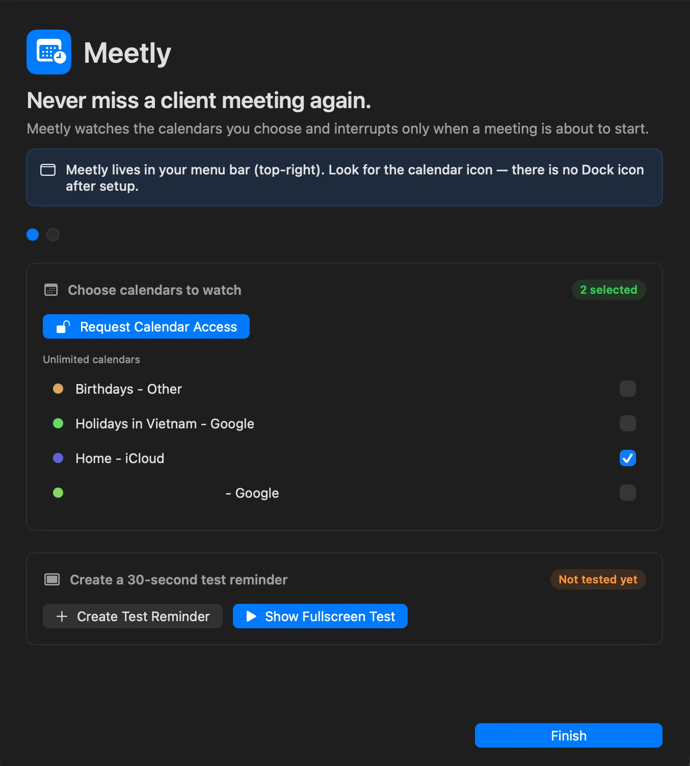 Meetly first-launch setup — calendars and test reminder