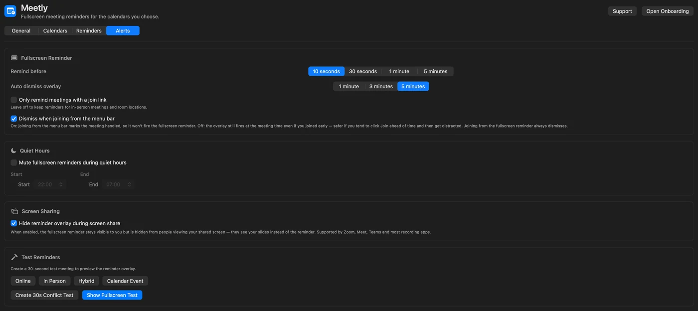 Meetly Settings — Alerts, quiet hours, screen-share privacy