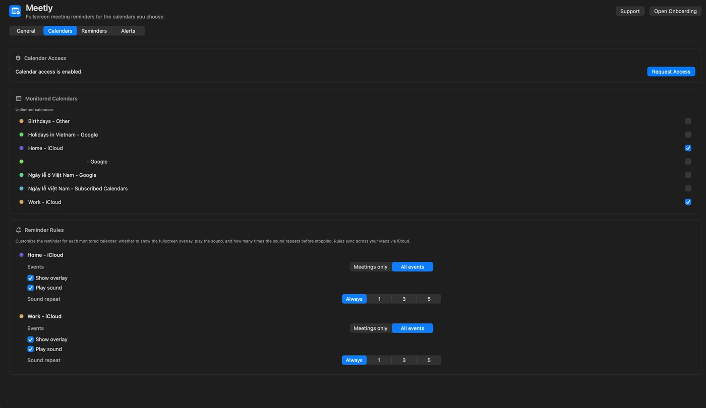 Meetly Settings — Calendars and per-calendar reminder rules