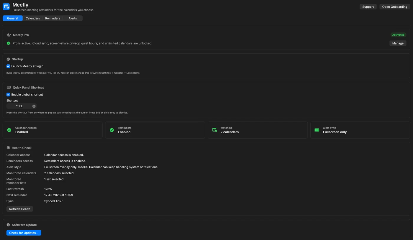 Meetly Settings — General tab with Health Check