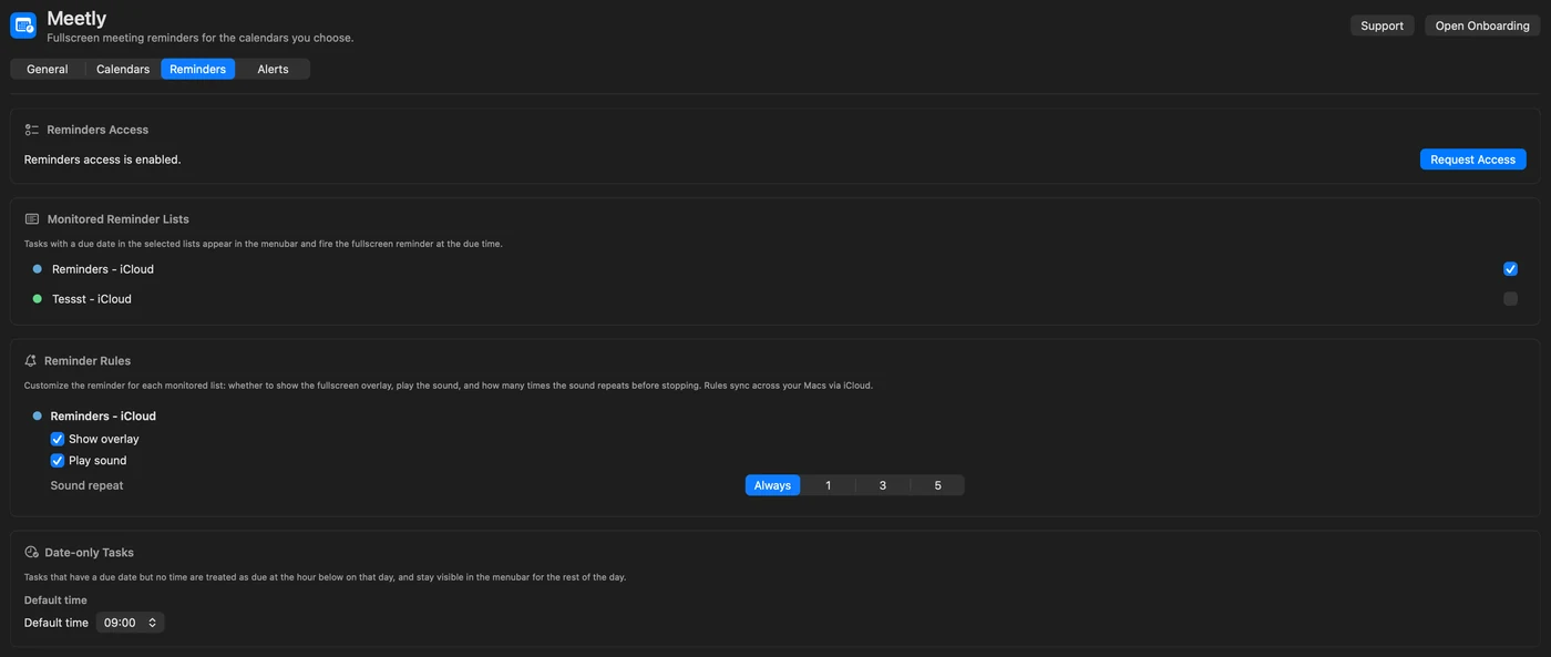 Meetly Settings — Apple Reminders lists and rules