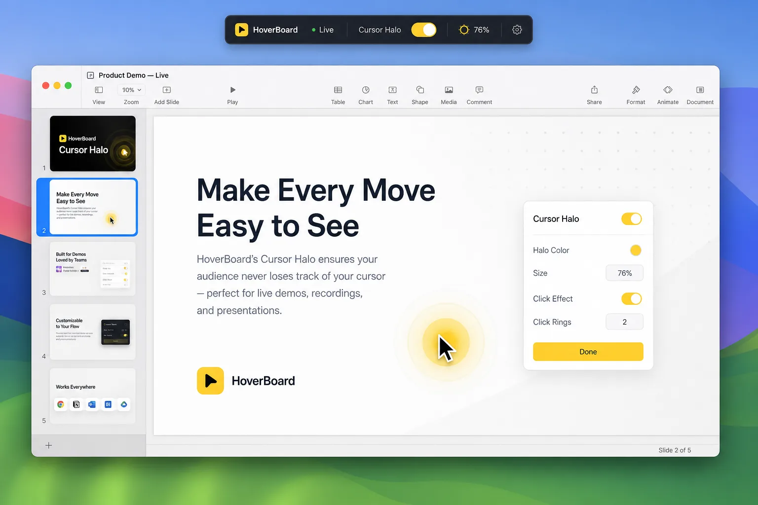 HoverBoard cursor halo and click highlight during a demo