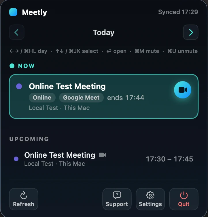 Meetly menu bar with NOW and UPCOMING meetings