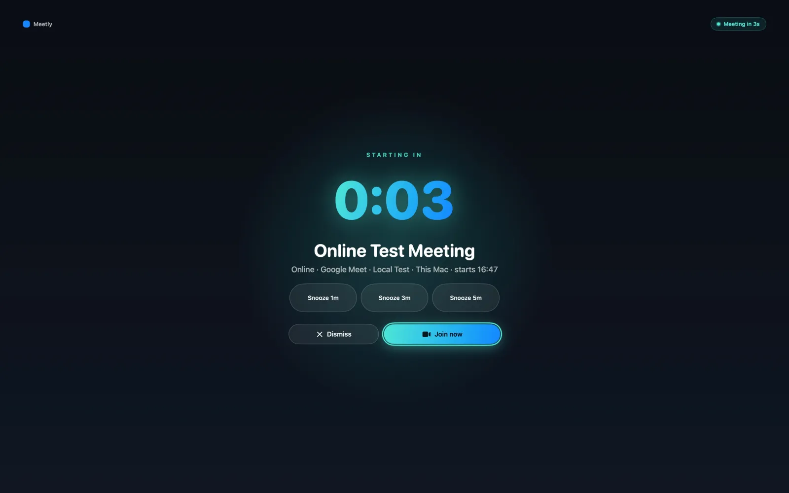 Meetly fullscreen reminder with countdown and Join now
