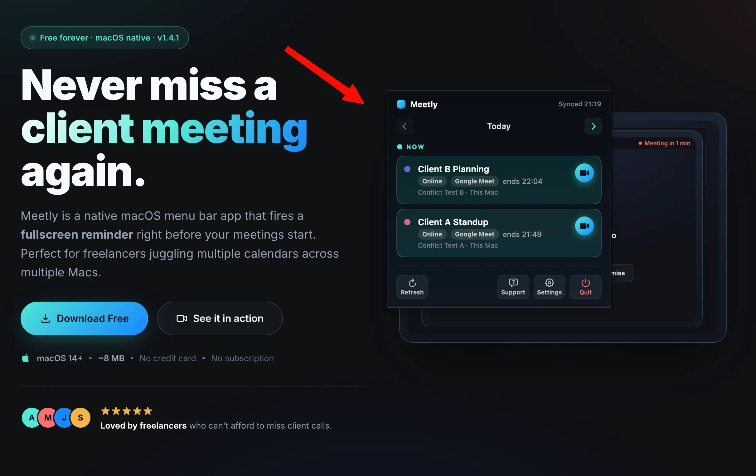 Meetly Quick Panel showing upcoming meetings